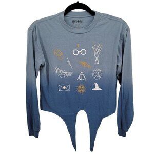 Harry Potter womens XS blue hombre graphic tie front long sleeve